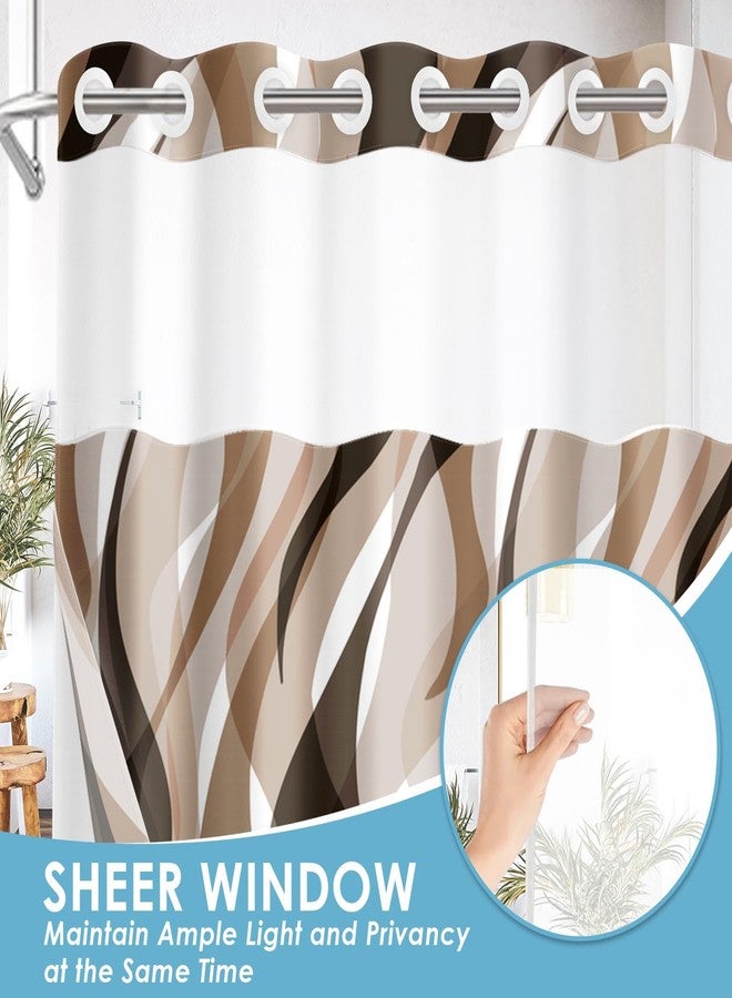 Nesphy No Hook Brown Shower Curtain with Snap in Fabric Liner Set, Modern Abstract Striped Double Layers Waterproof Fabric with See Through Top Window Open Grommet Bath Curtain 71x74 Inch - Image 3